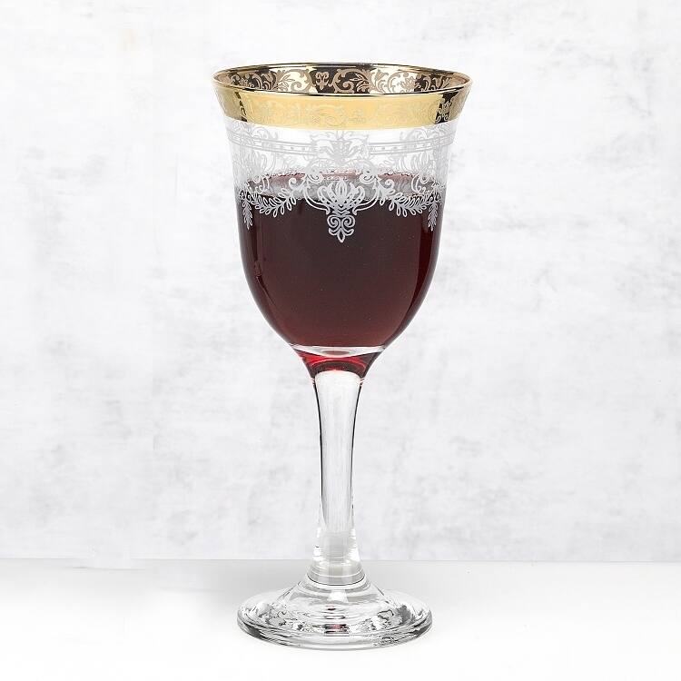 Red Wine Set of 6 Stencil Pattern and Gold Band