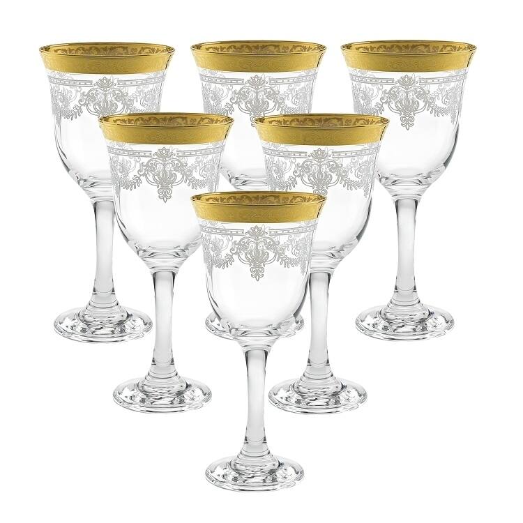 Red Wine Set of 6 Stencil Pattern and Gold Band