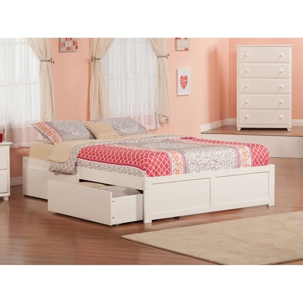 Concord Queen Platform Bed with Flat Panel Foot Board and 2 Urban Bed Drawers in White. Opens flyout.