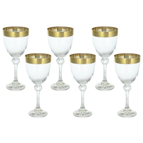 Italian Wine Glasses Versace Inspired Greek Key Gold Band 6-Piece Gift Set Made In Italy