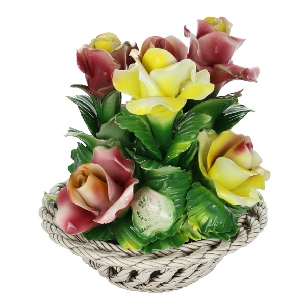 Capodimonte Authentic Italian Porcelain Yellow & Pink Flowers in Round Woven Basket Centerpiece Made in Italy 9" x 8"