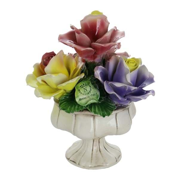 Capodimonte Authentic Italian Yellow Rose, Pink & Purple Flower Quattro Stand Authentic Made in Italy 10" x 8"