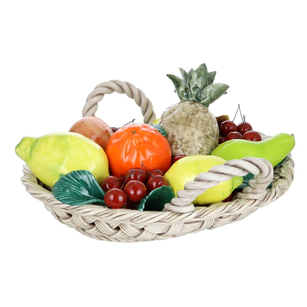 Capodimonte Authentic Italian Oval Fruit Basket w/Lemons, Cherries, Pineapple Multicolor in Woven Basket w/Handles 16" x 14"