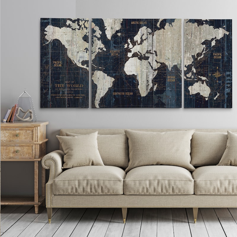 'old World Map Blue' 3-piece Wrapped Canvas Graphic Art Print Set - On 