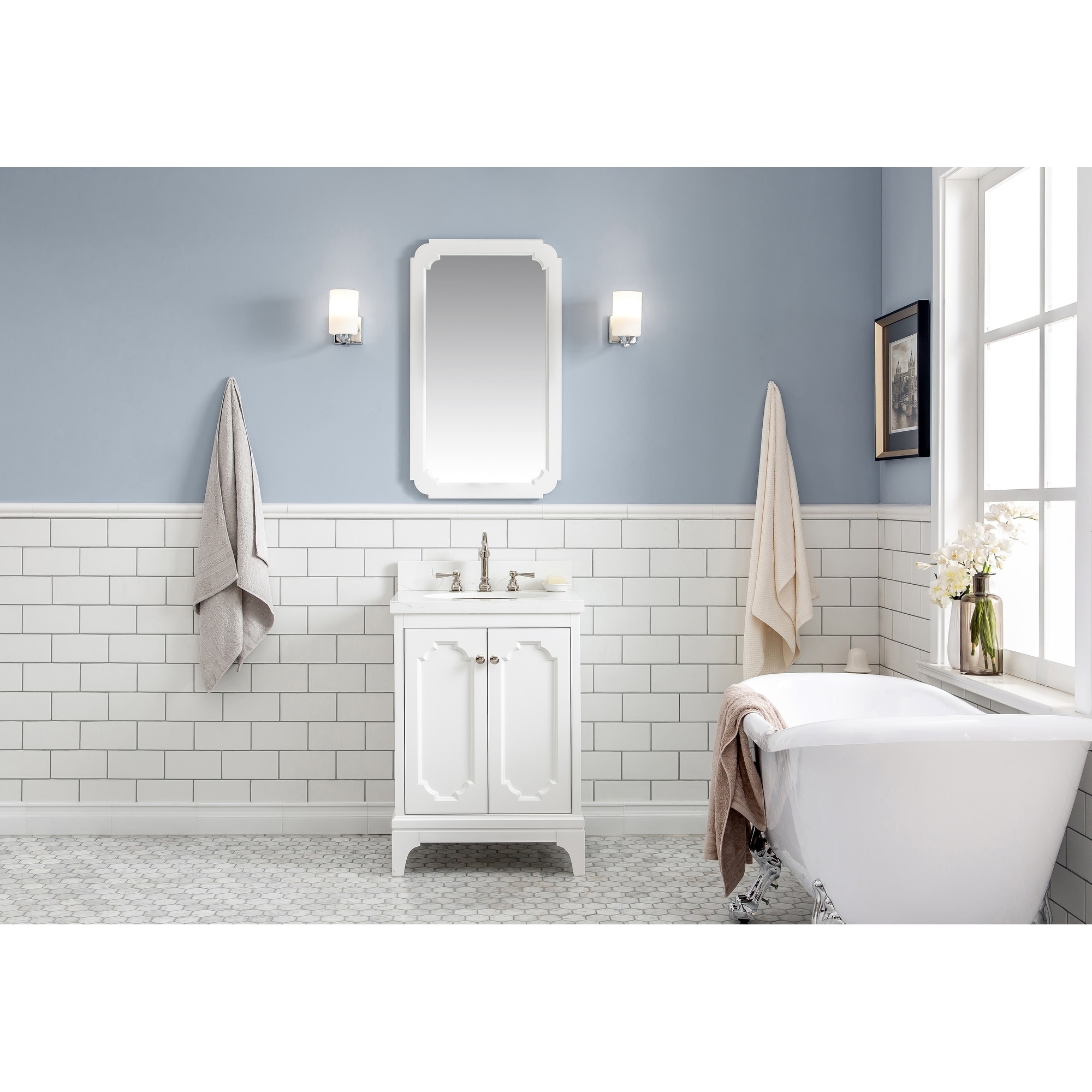 24 Inch Wide Single Sink Quartz Carrara Bathroom Vanity From The Queen Collection Overstock 24267814