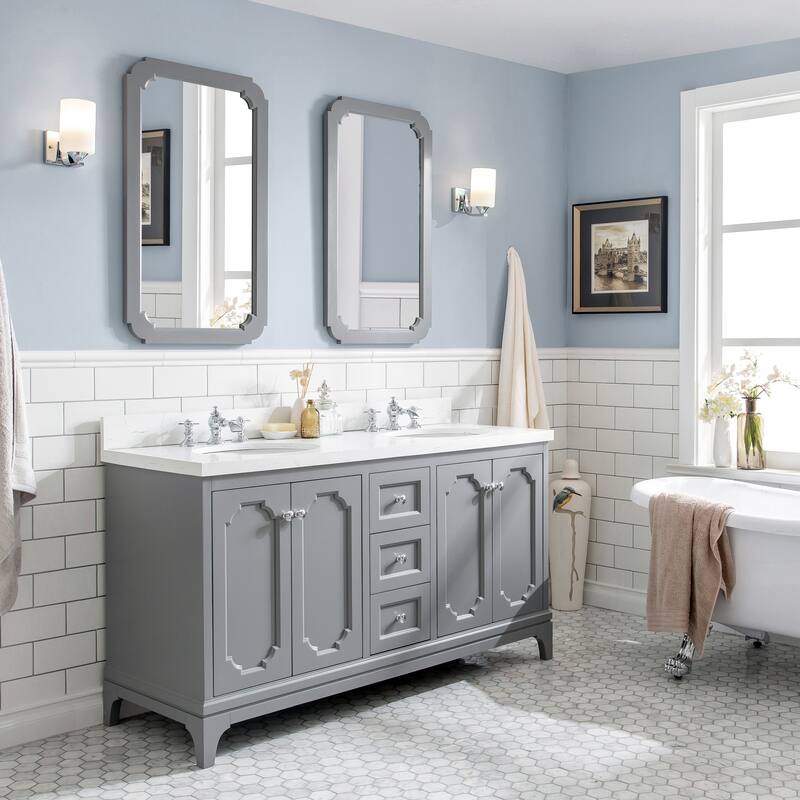 Queen 60" Quartz Carrara Bathroom Vanity With Faucets