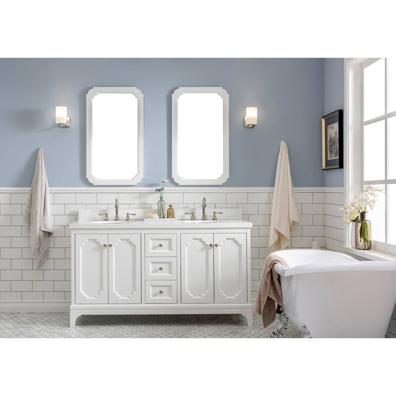 Queen 60" Quartz Carrara Bathroom Vanity With Faucets - F2-0012-05 Faucet in Polished Nickel (PVD) - Pure White
