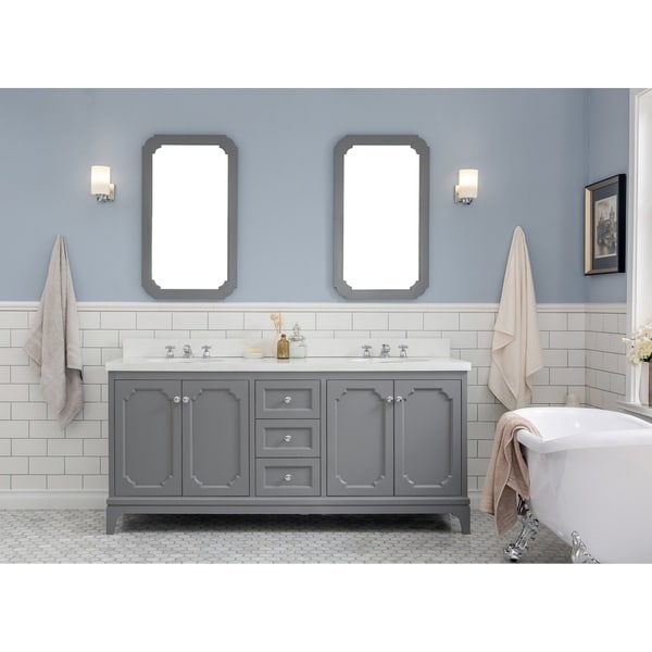 72 Inch Wide Double Sink Quartz Carrara Bathroom Vanity With Matching Mirrors And Faucets From The Queen Collection