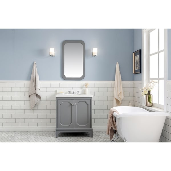 30 Inch Wide Single Sink Quartz Carrara Bathroom Vanity With Matching Mirror And Faucet From The Queen Collection