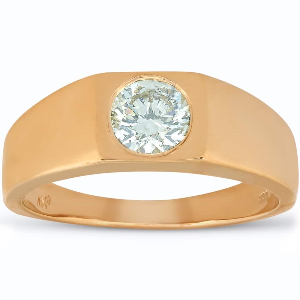 Pompeii3 14k Yellow Gold 1 ct TDW Solitaire Round Brilliant Cut Diamond Mens Wedding High Polished Ring Clarity Enhanced