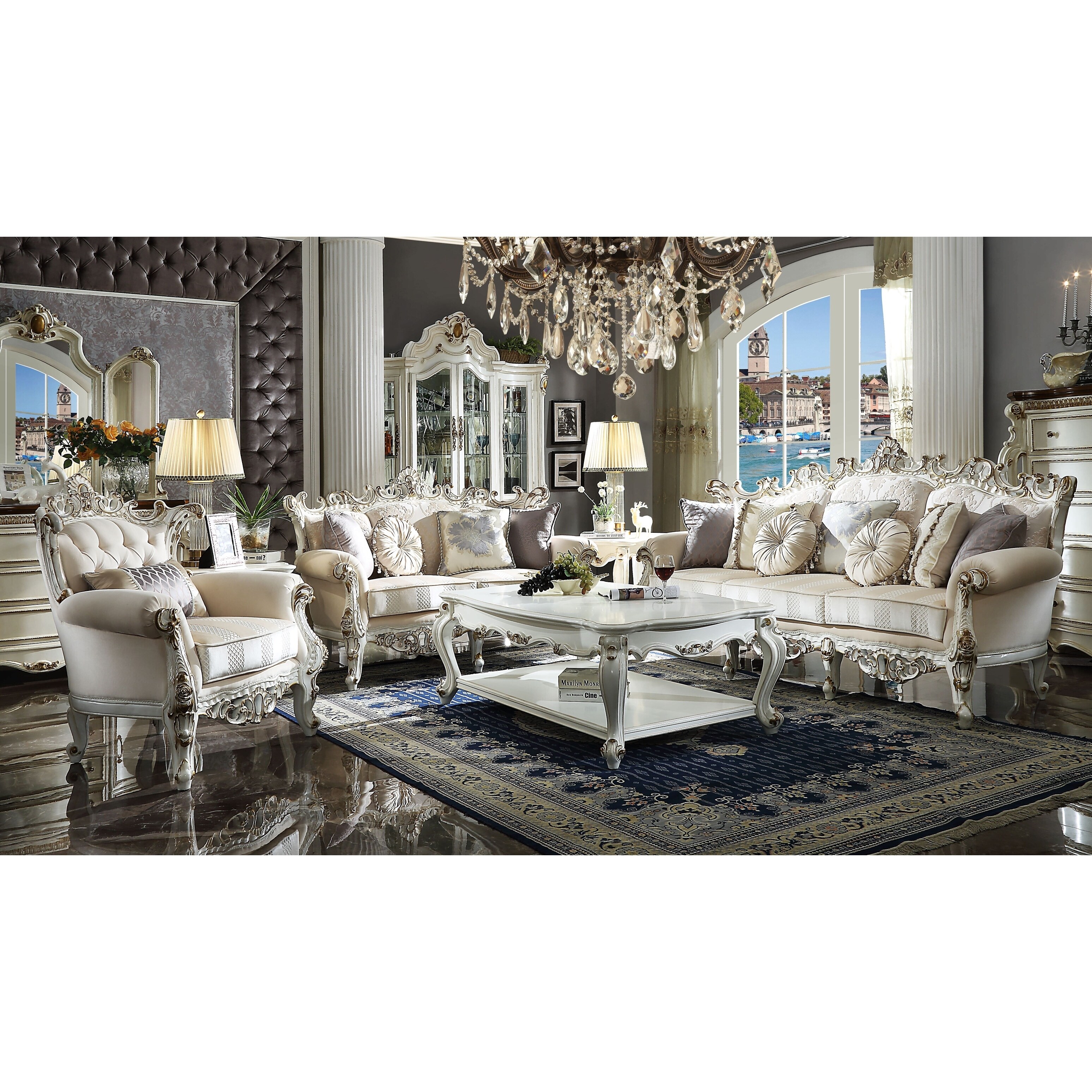 ACME Picardy II Antique Pearl Wood Frame and Fabric Loveseat with 4 Pillows