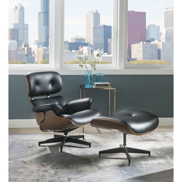 ACME Keary 2 Pieces Pack Chair and Ottoman, Black Bonded Leather and Walnut