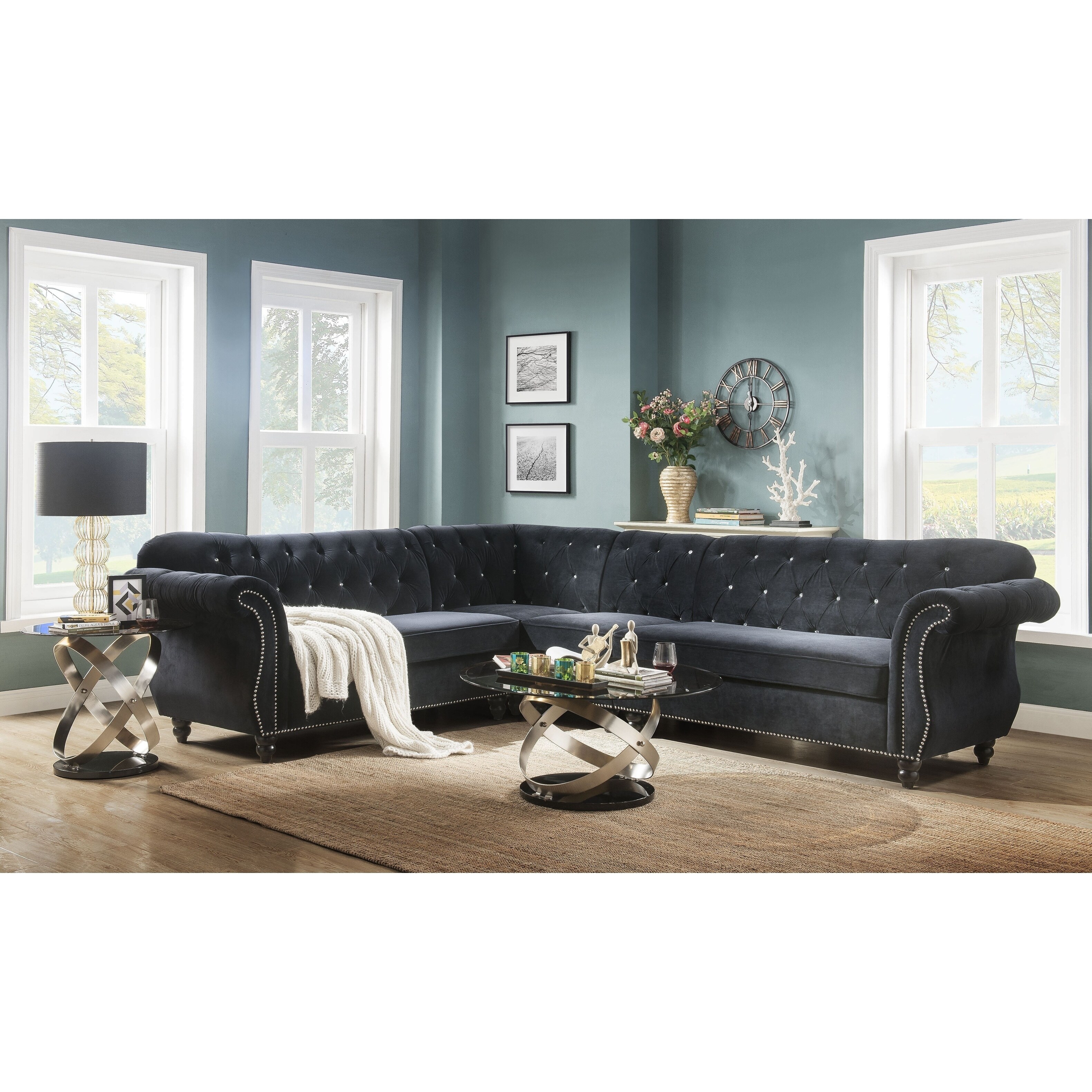 Acme Regan Sectional Sofa In Black Velvet