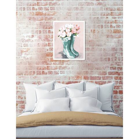 Oliver Gal 'Pastel Rainboots and Flowers' Pink Floral Contemporary Framed Wall Art Print