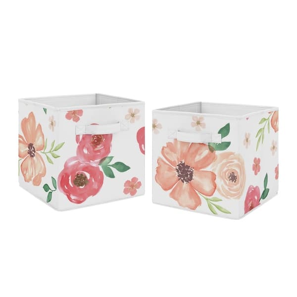 slide 2 of 3, Sweet Jojo Designs Peach and Green Watercolor Floral Collection Storage Bins (Set of 2)