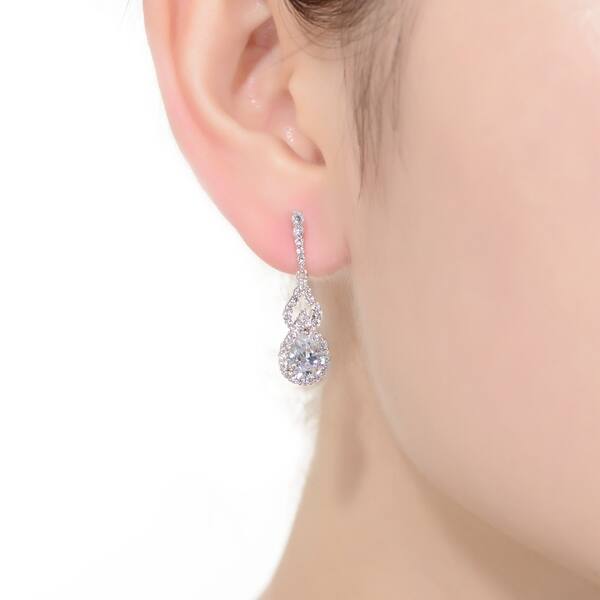 Clear prong Set Cubic Zirconia Open Drop Hoop Earrings Rhodium Plated Sterling Silver Clear prong Set Cubic Zirconia Open Drop Hoop Earrings Rhodium Plated Sterling Silver