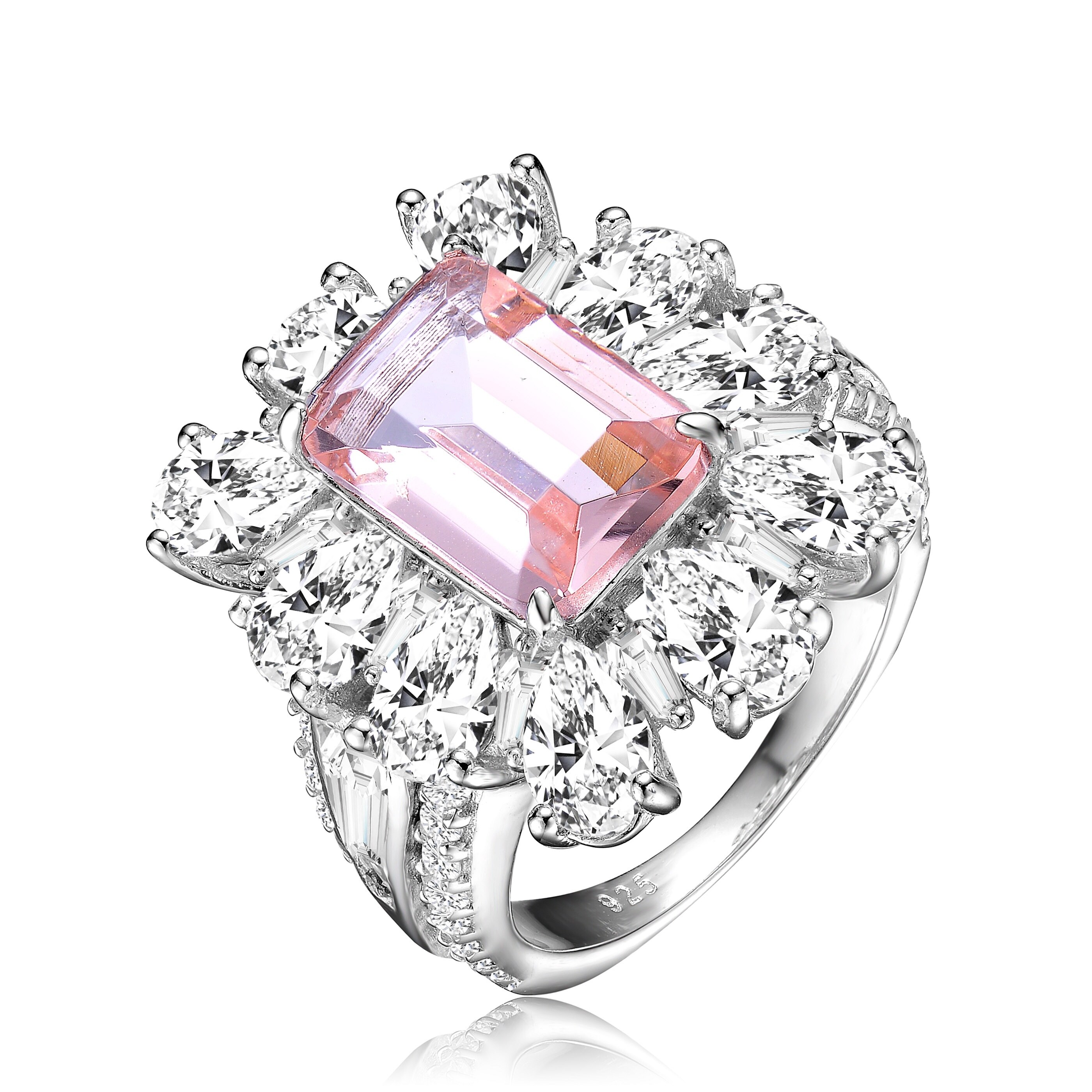 Blue Cushion Cut Center Clear Cluster Cubic Zirconia Ring Rhodium Plated Sterling Silver