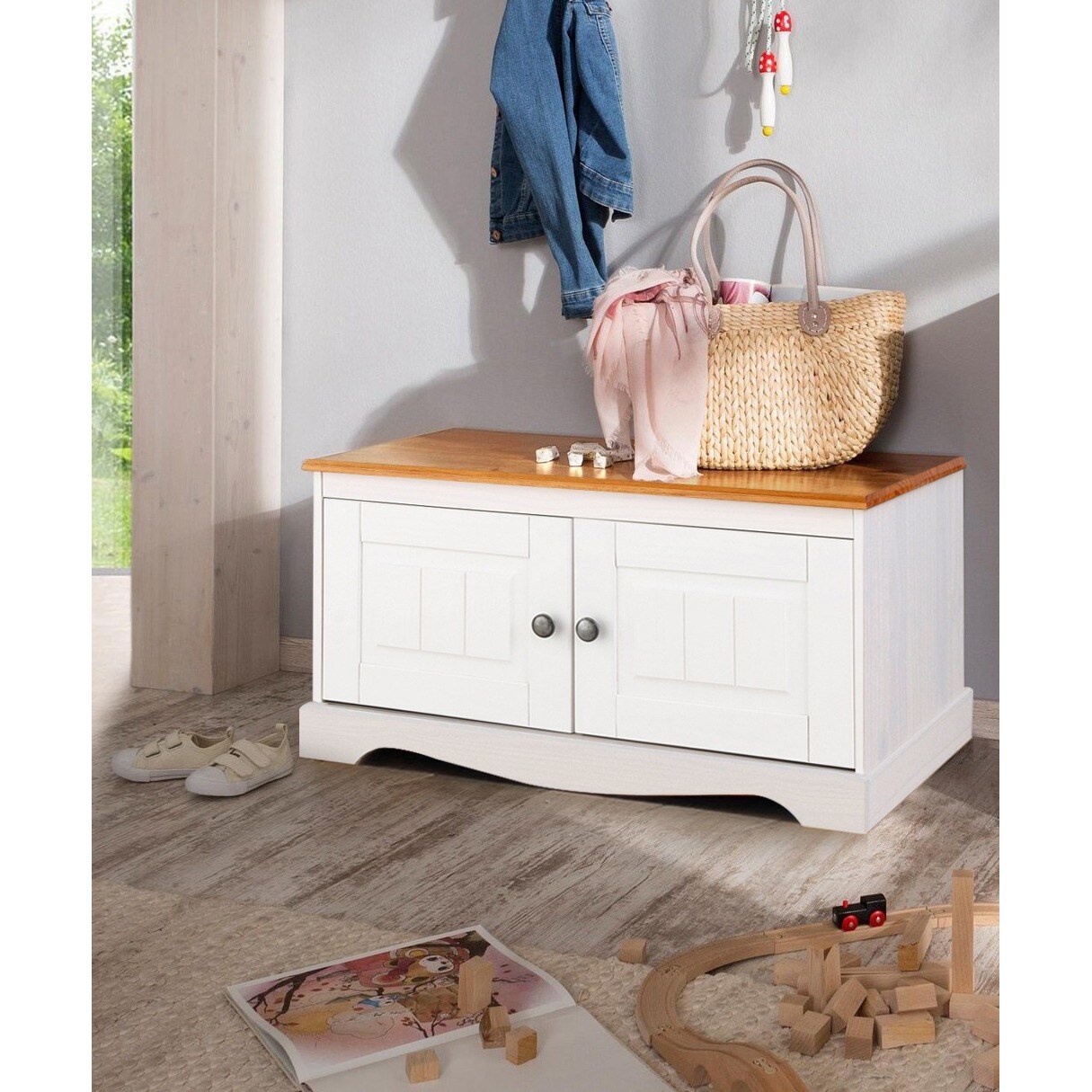 Shop Monty 2 Door Solid Pine Storage Bench Off White Honey