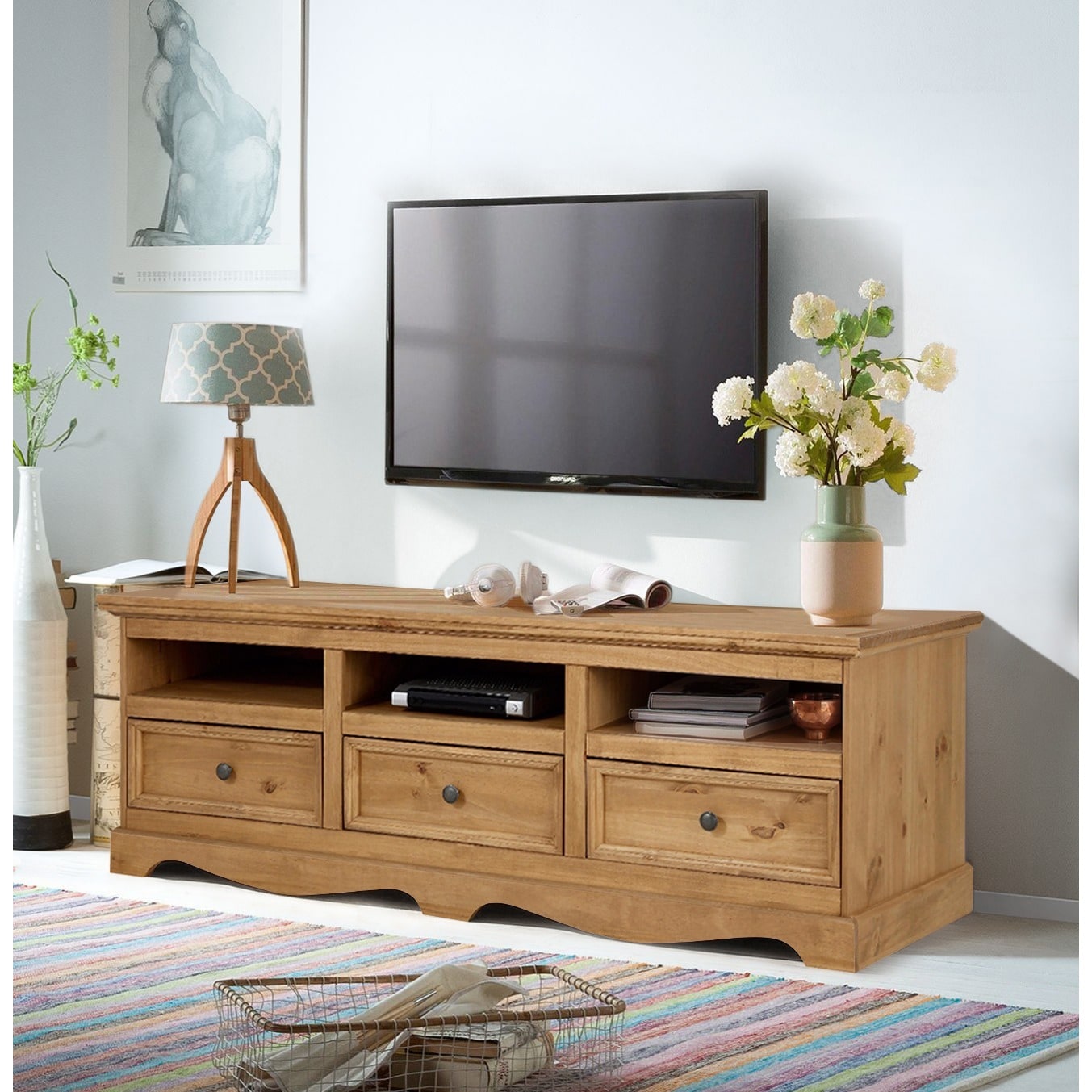 Shop Monty 3 Drawer Solid Pine Tv Unit Natural Free Shipping