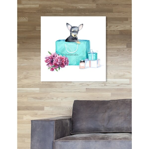 Oliver Gal 'acqua chic chihuahua' Floral Teal Blue Contemporary