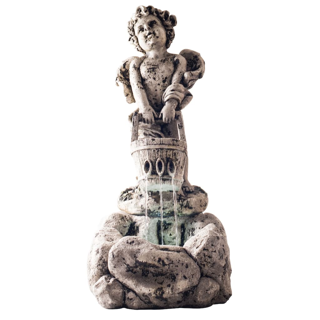 Outdoor Water Fountain With LED Lights, Lighted Cherub Angel Fountain With Antique Stone Design for By Pure Garden