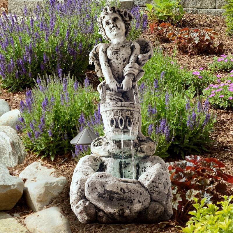 Outdoor Water Fountain With LED Lights, Lighted Cherub Angel Fountain With Antique Stone Design for By Pure Garden