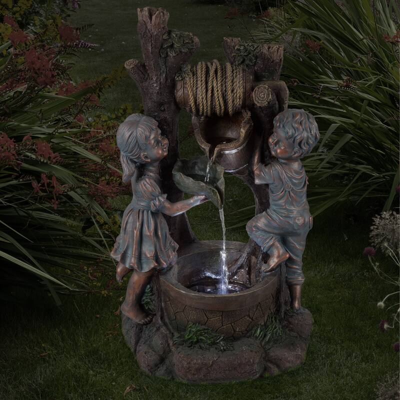 Children at the Well Water Fountain with LED Lights- Lighted Outdoor Fountain with Antique Design by Pure Garden
