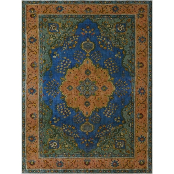 Noori Rug Distressed Hand-Painted Jaylee Blue/Rust Rug - 6'5" x 9'0"