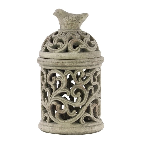 Urban Trends Cement Round Lantern with Sculpted Swirl Cutout Design in Concrete Finish, Large - Gray