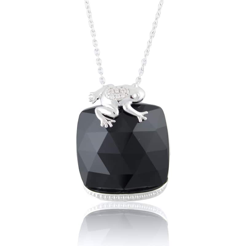 Platinum over Sterling Silver Black Agate and White Topaz Frog Necklace
