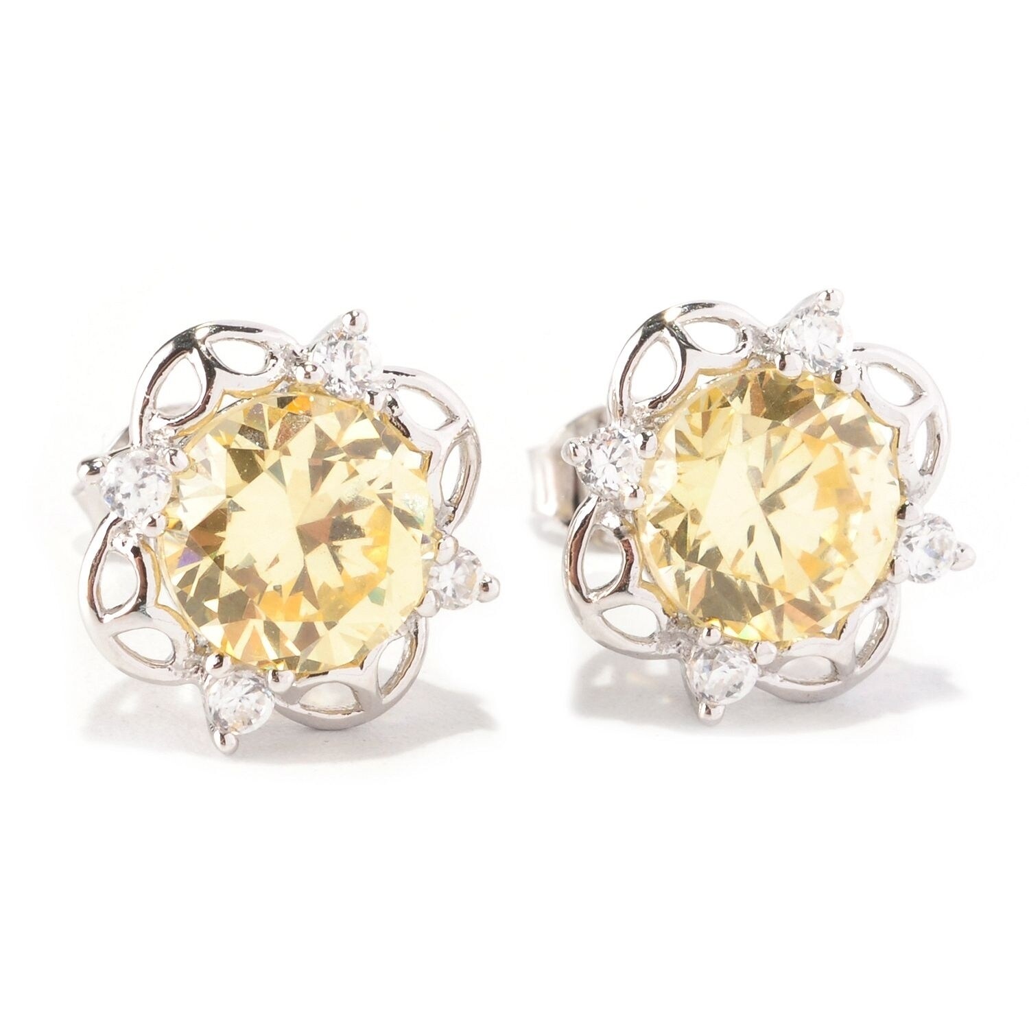 Pinctore Sterling Silver Round-cut Cubic Zirconia Flower Stud Earrings