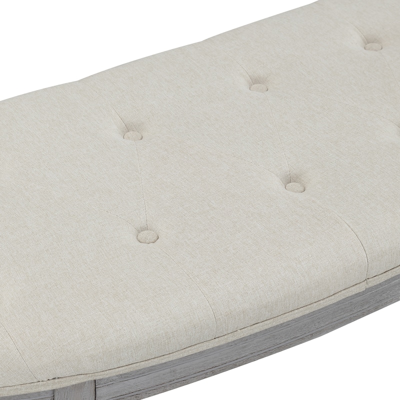 Coastal Tufted Beige Upholstered Wood Leg Bench