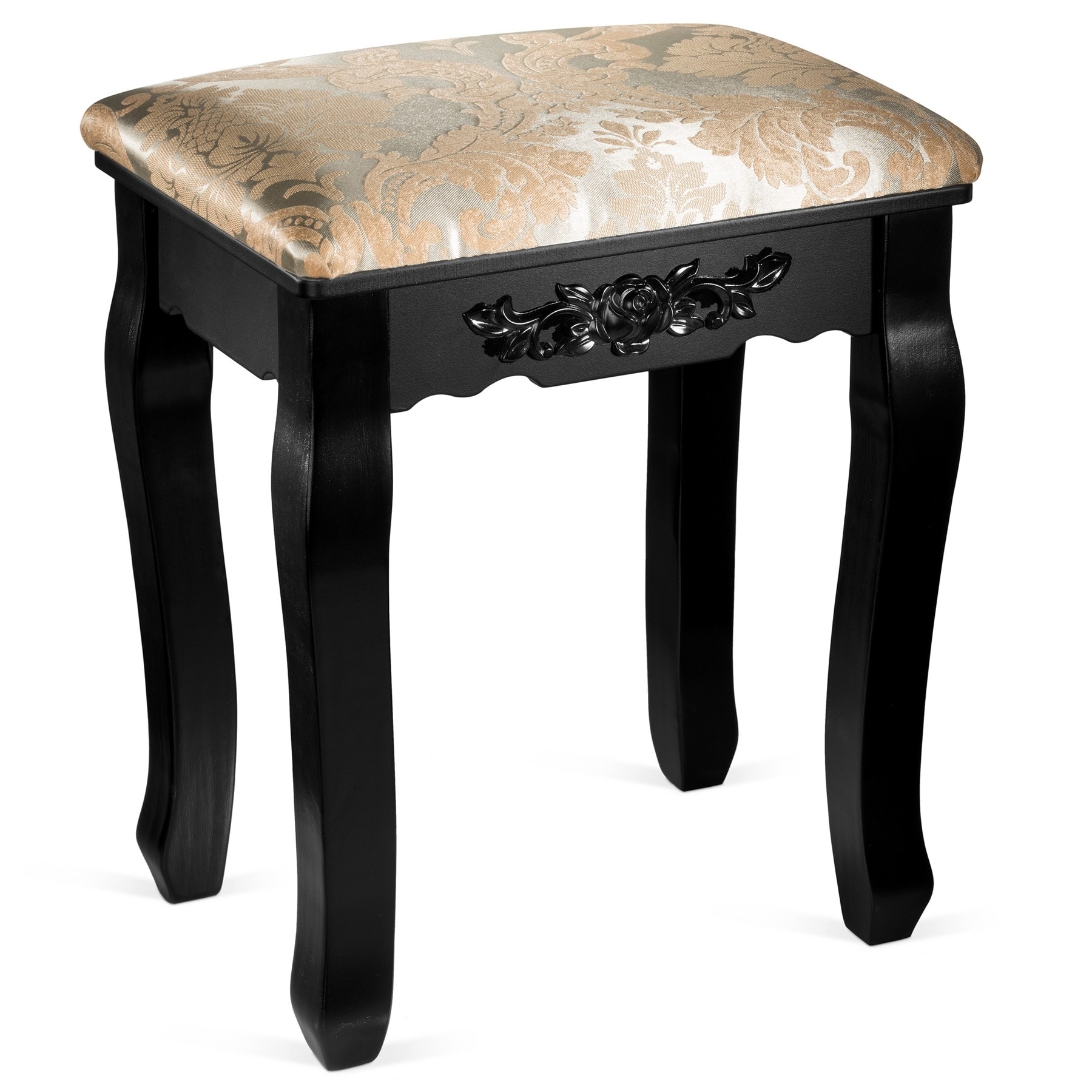 Black Fineboard Luxury Vanity Table Stool Wood Unique Shape Floral Crafted for Vanity Tables or Other Extravagant Tables with Artwork