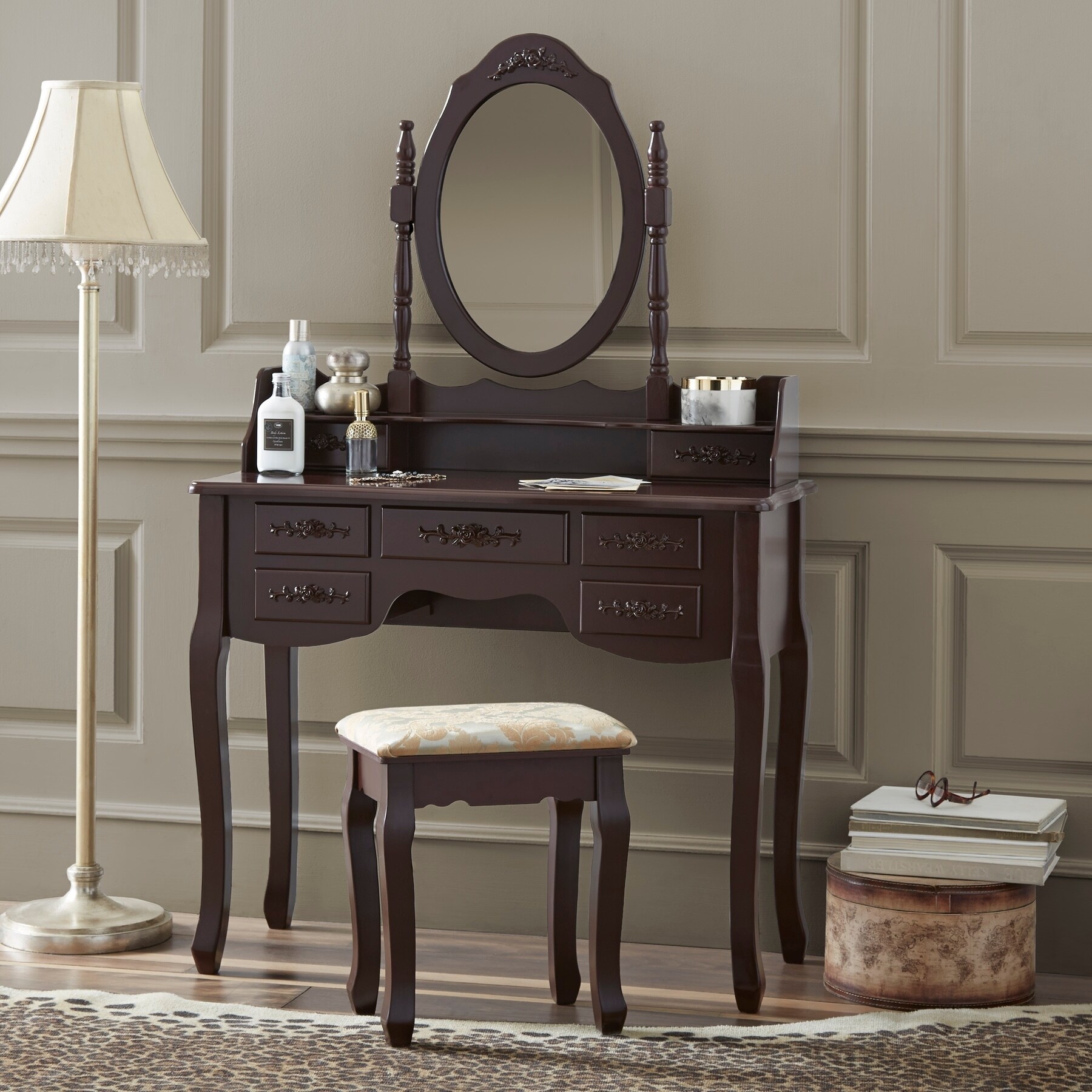 Black Fineboard Luxury Vanity Table Stool Wood Unique Shape Floral Crafted for Vanity Tables or Other Extravagant Tables with Artwork