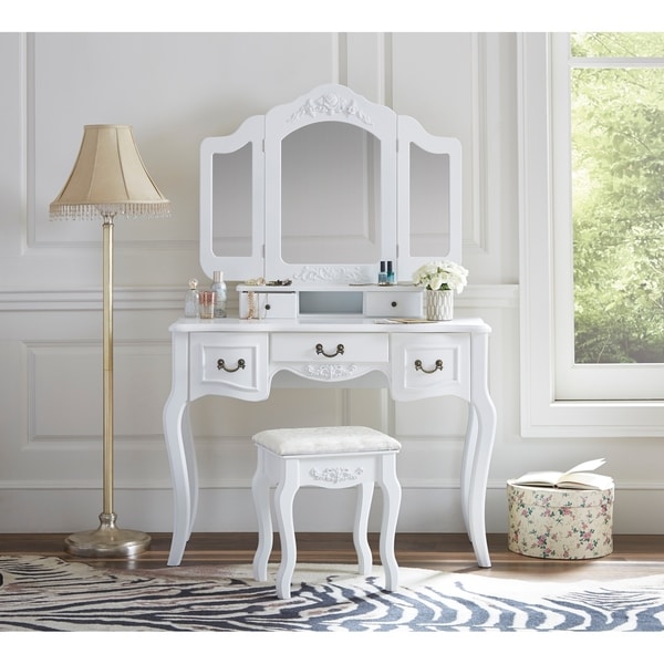 Fineboard Vanity Set Beauty Station With 3 Mirrors and 5 Organization Drawers