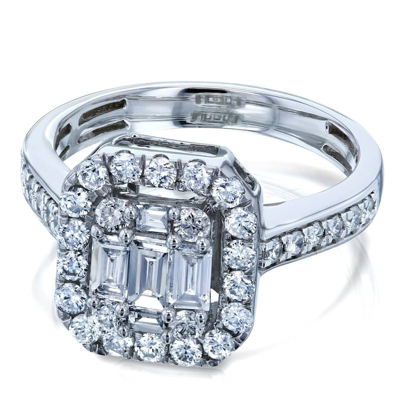 Annello by Kobelli 14k White Gold 1 Carat TDW Multi Diamond Baguette Cluster Pave-Shank Half Eternity Engagement Ring