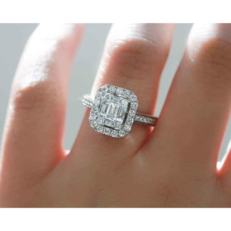 Annello by Kobelli 14k White Gold 1 Carat TDW Multi Diamond Baguette Cluster Pave-Shank Half Eternity Engagement Ring