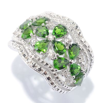 Diopside & White Zircon Floral Scalloped Wide Band Ring