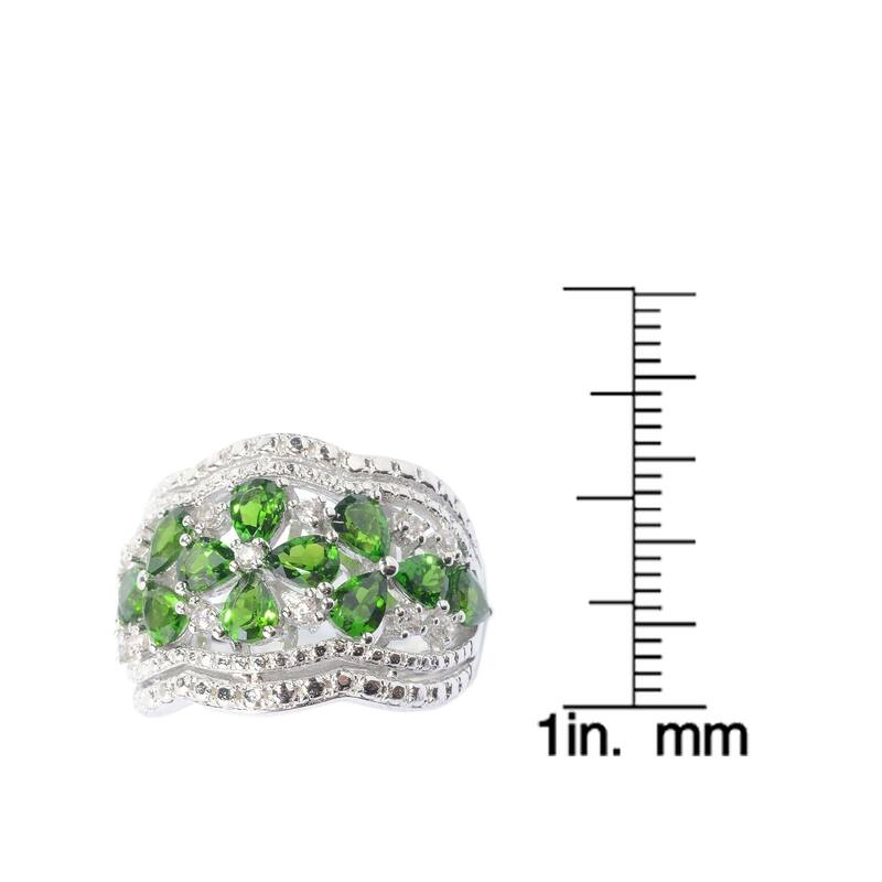 Diopside & White Zircon Floral Scalloped Wide Band Ring