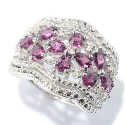 Rhodolite & White Zircon Floral Scalloped Wide Band Ring