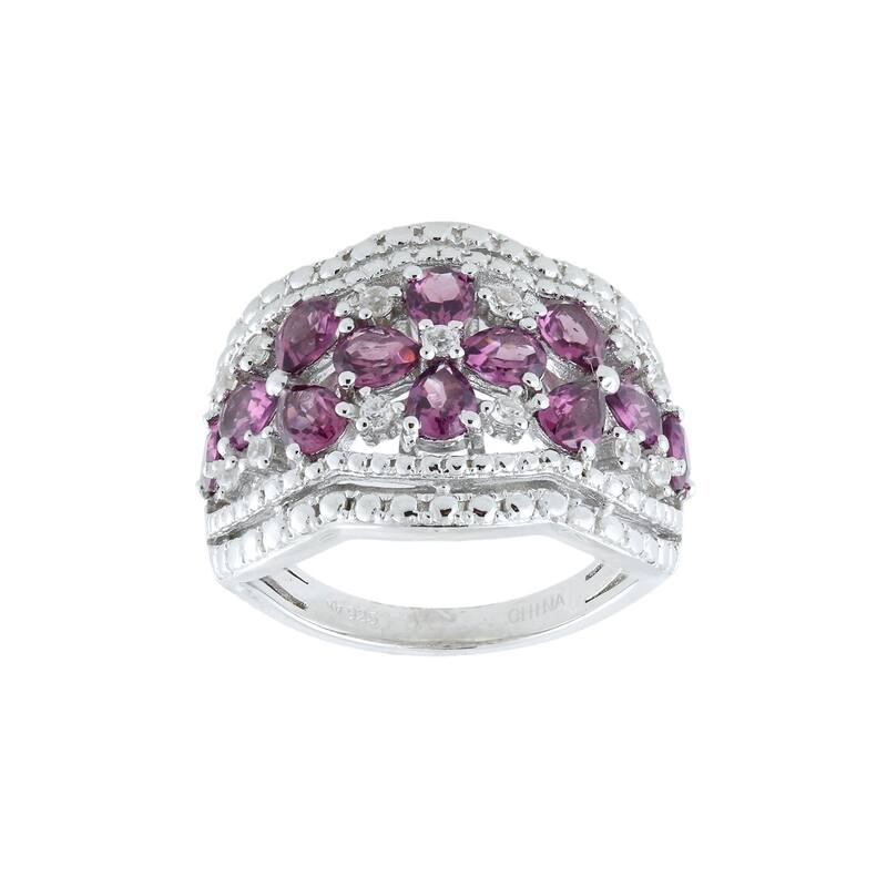 Rhodolite & White Zircon Floral Scalloped Wide Band Ring