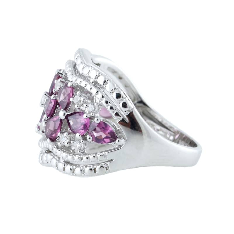 Rhodolite & White Zircon Floral Scalloped Wide Band Ring