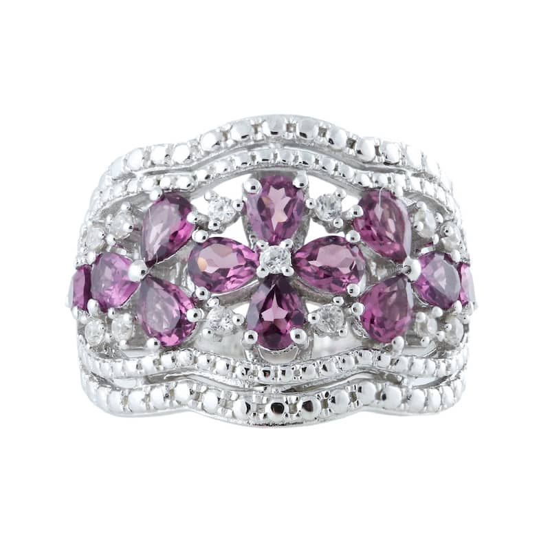 Rhodolite & White Zircon Floral Scalloped Wide Band Ring