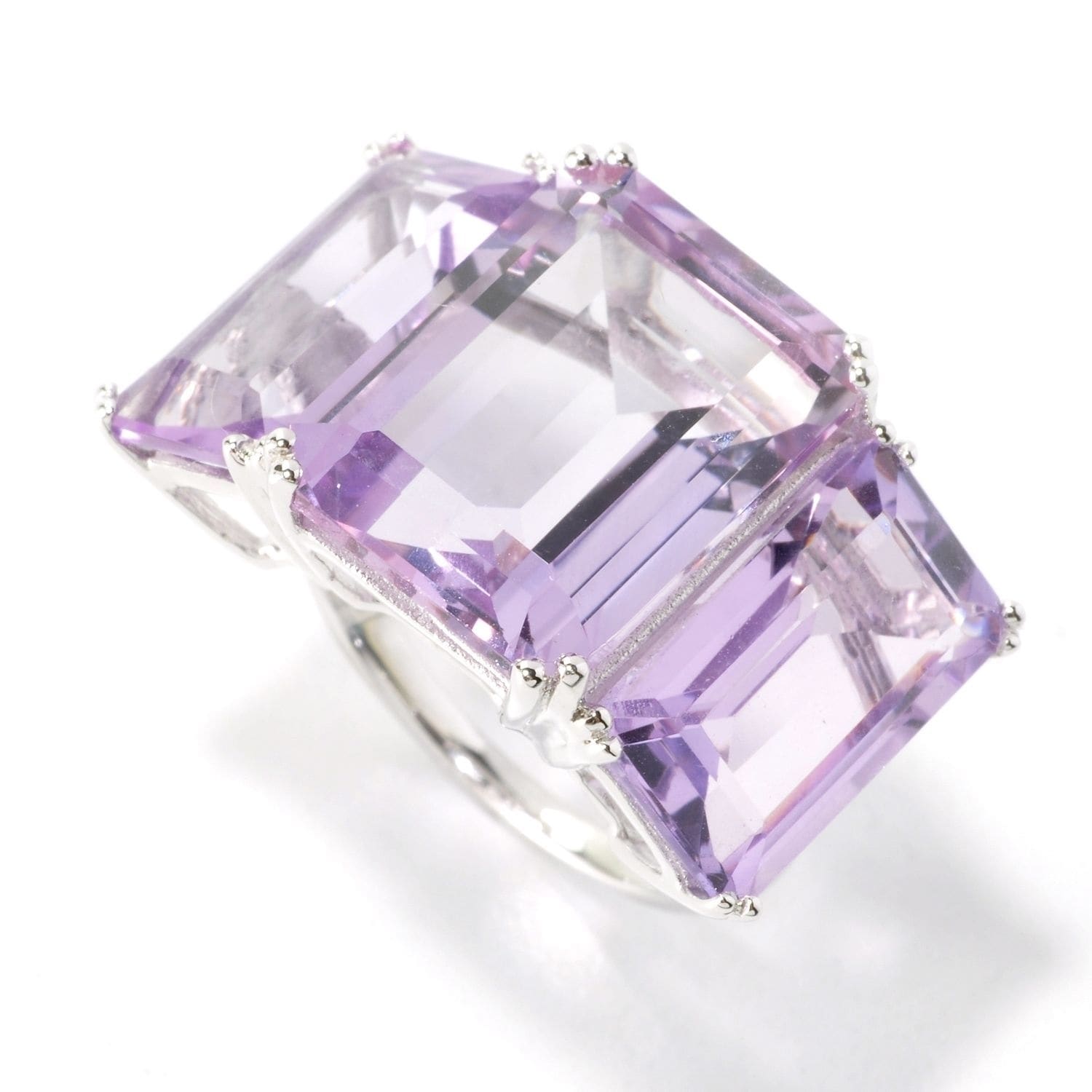 Pinctore Sterling Silver Emerald-cut Pink Amethyst Ring