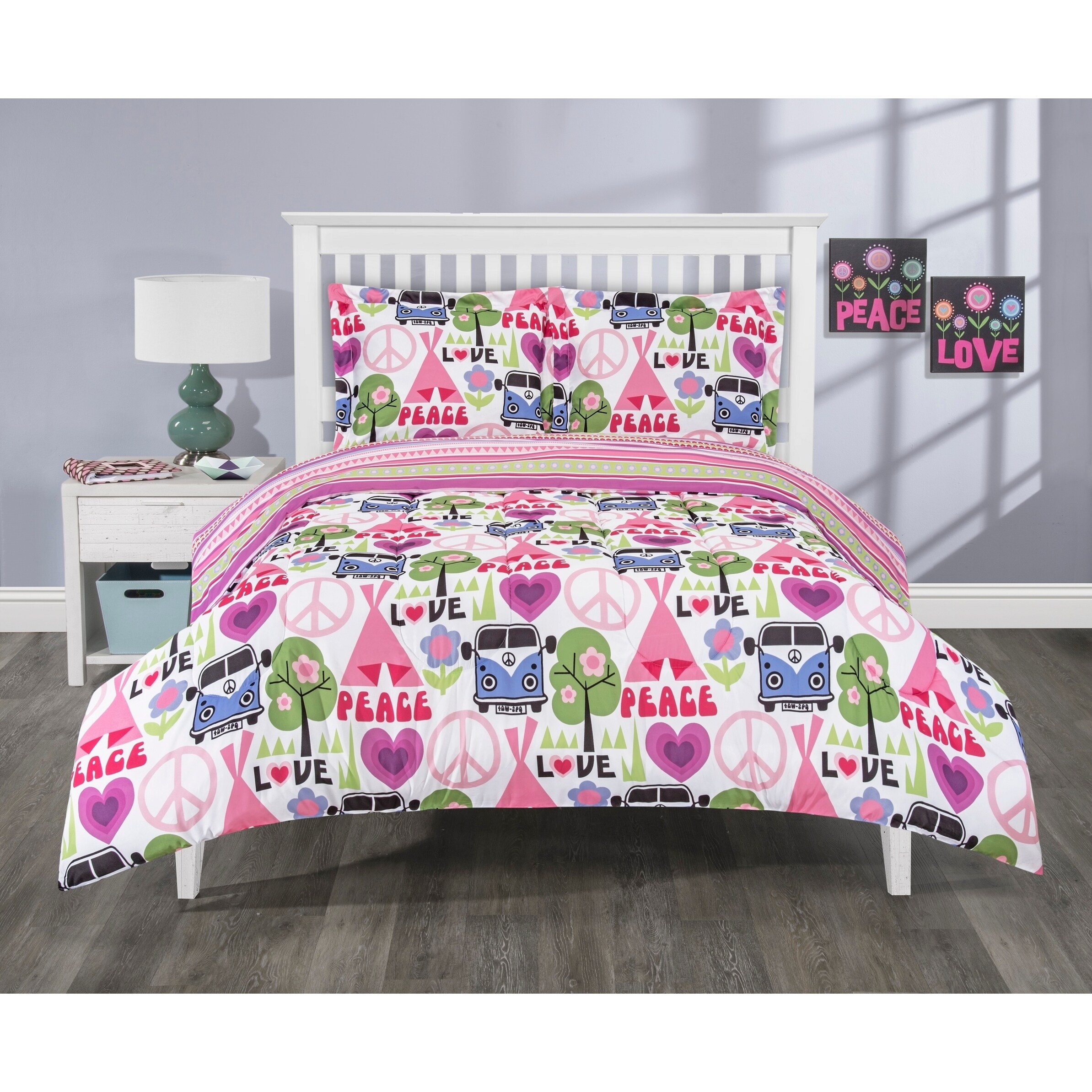 Shop 3 Piece Reversible Hippie Love Mini Comforter Set Free