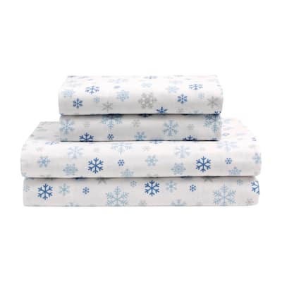 Fresh Snow-Dusty Blue Cotton Flannel Bed Sheet Set