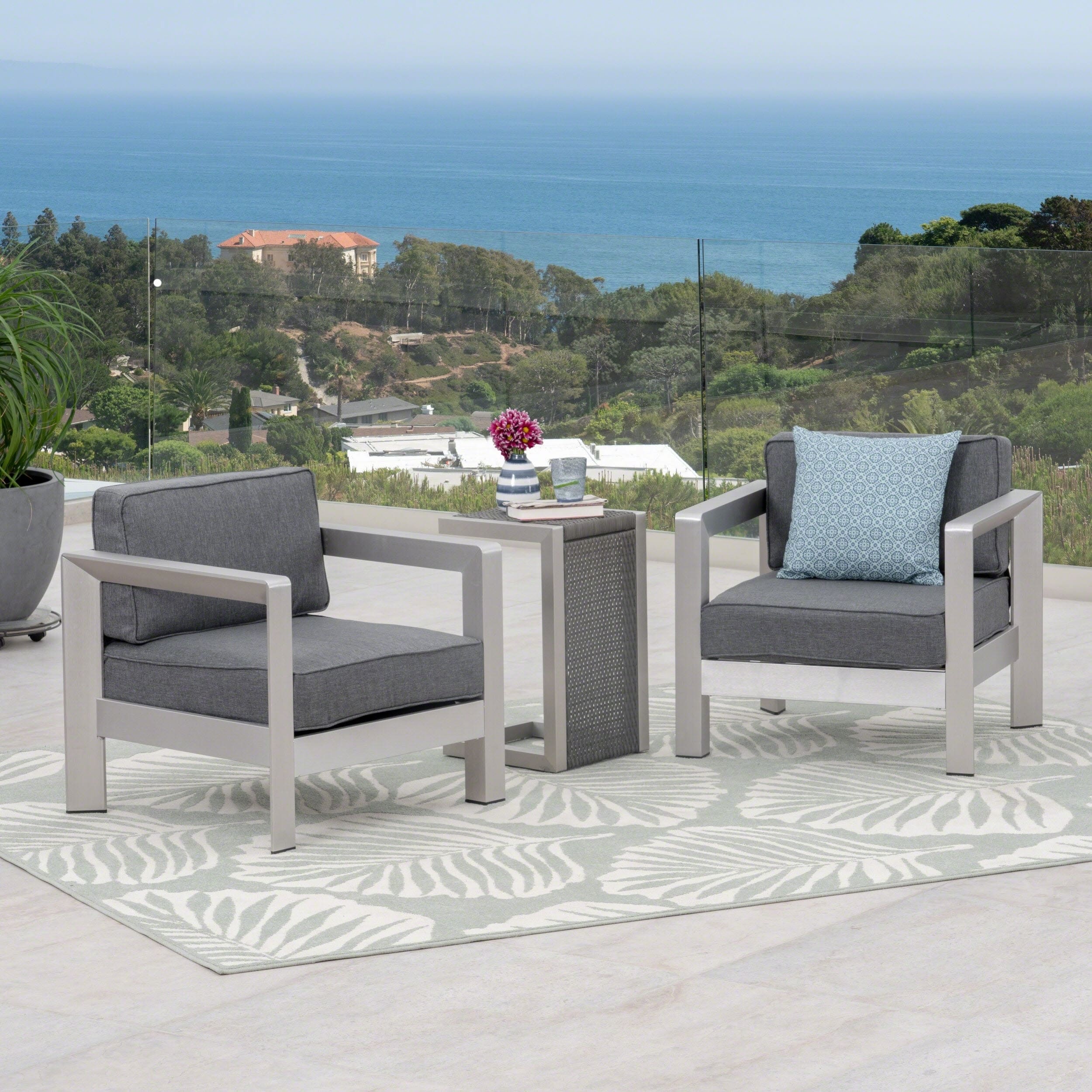 Aviara Outdoor Aluminum Club Chairs with Wicker-Topped Side Table by