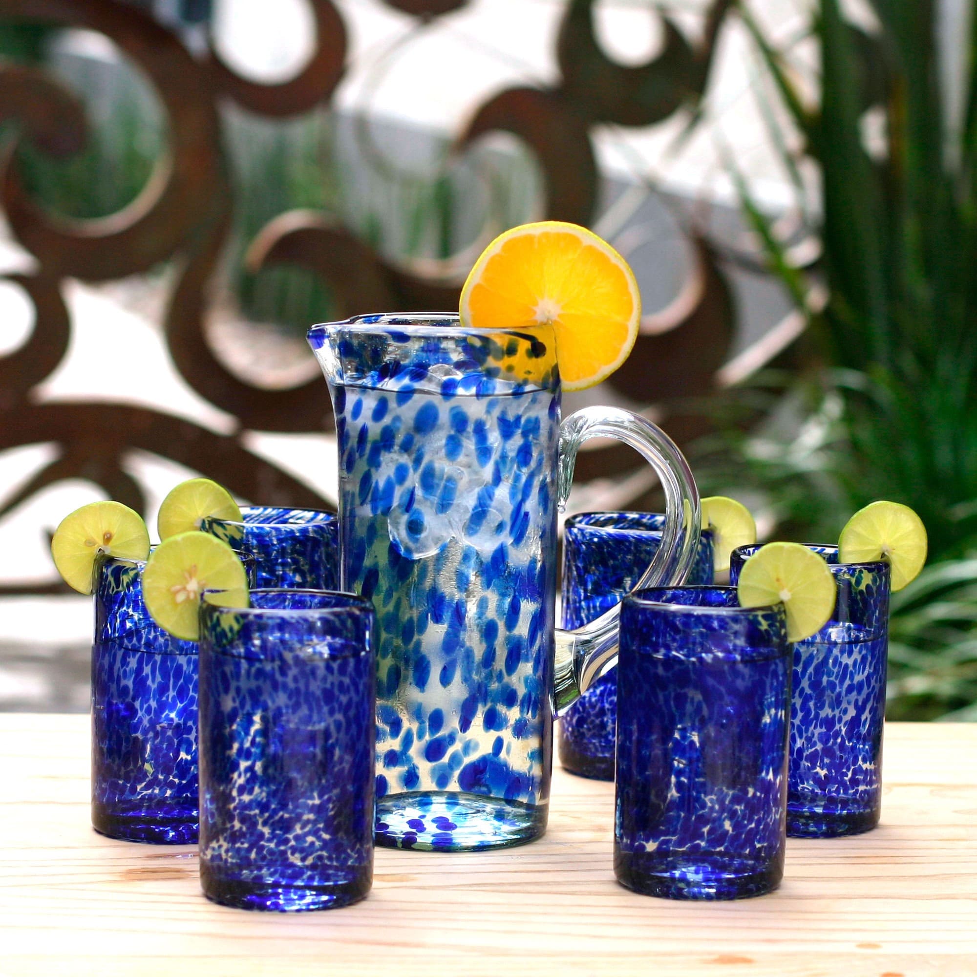 NOVICA Hand Blown Blue Rim Recycled Glass Juice Glasses 10 oz 'Short Cobalt Groove' Set of 6