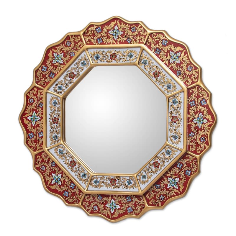 Handmade Floral Reverse Painted Glass Mirror (Peru) - Multi