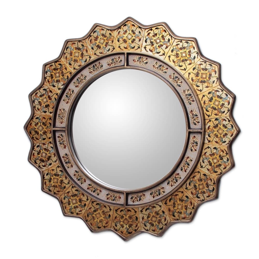 NOVICA Handmade Reverse Painted Marigold Glass Mirror (Peru) - Yellow